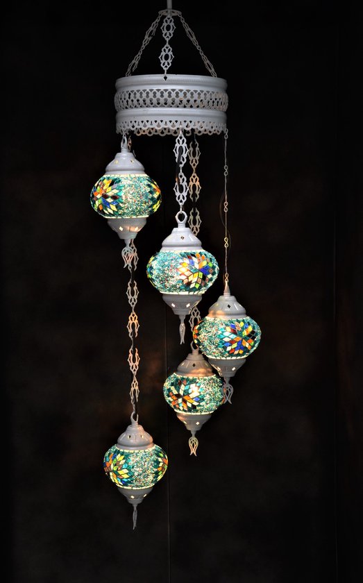 Suspension multicolore bleu vert mosaïque de verre 5 ampoules turc oriental crème lustre marocain