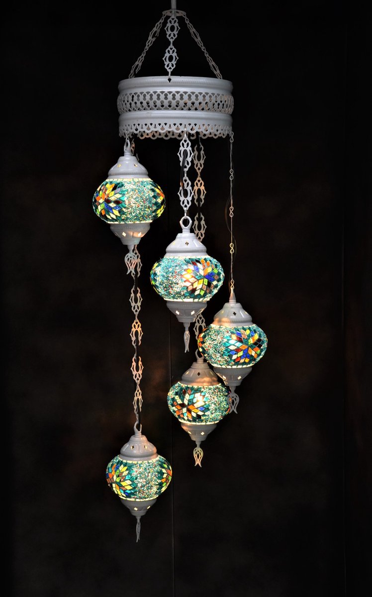 Hanglamp multicolour blauw groen glas mozaïek 5 bollen Turkse Oosterse Crèmewit Marokkaanse kroonluchter