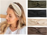 4 Stuks - Dames Haarbanden met Knoop BREED - Groen Zwart Crème Bruin - Sport Yoga Haarbanden