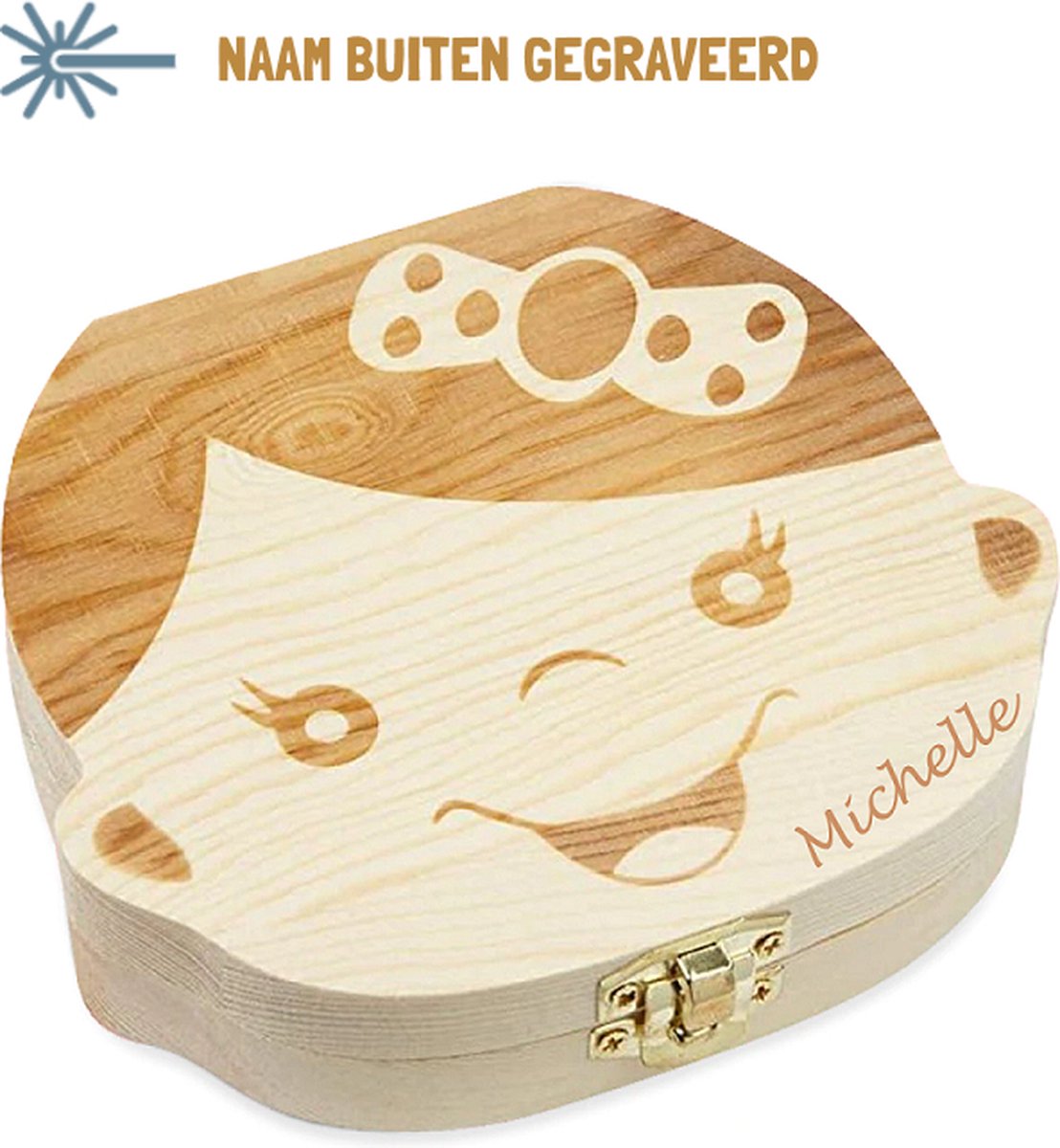 Goedkoopste Tandendoosje Meisje Hout met EIGEN NAAM Gepersonaliseerd - Meisje Natuur PERSOONLIJK GEGRAVEERD - Kraamcadeau - Baby Cadeau - WiebelTandje