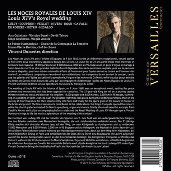 Achterkant CD-hoes met de tekst "Les Noces Royales de Louis XIV Royal Wedding", een foto van een man en barcode.