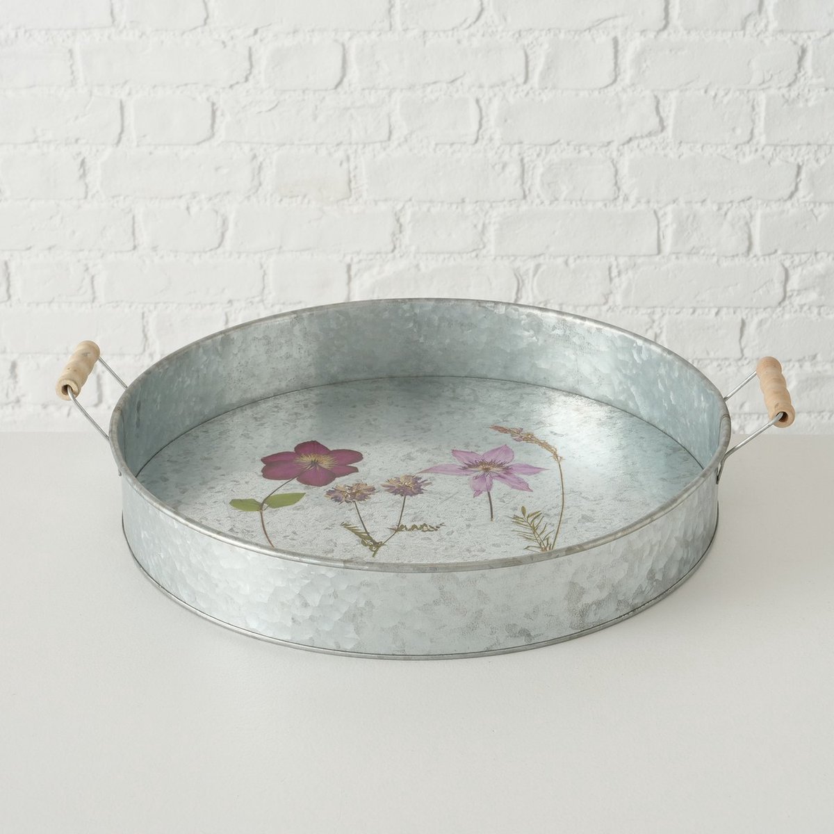 dienblad Drya set van 2 stuks metalen / zink dienblad met bloem motief