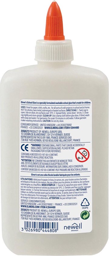 Colle PVA pure Elmer's, colle liquide blanche, 83% d'ingrédients naturels, 100%