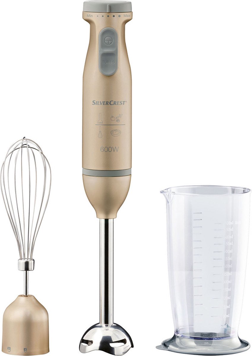 Silvercrest Staafmixer Set - Kleur: Champagne - Om te mixen, te pureren en fijn te hakken - Vermogen: 600 W - Standen: 5 + turbo - Traploos instelbare snelheid - Turboknop voor krachtige impulsmixing - Gemaakt van hoogwaardig roestvrij edelstaal