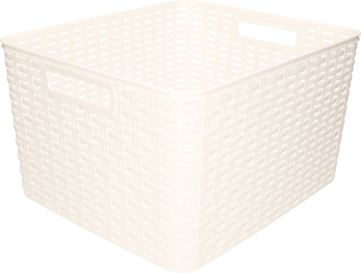 Rotan gevlochten opbergmand/opbergbox kunststof - wit - 34 x 40 x 23 cm - Opbergbox