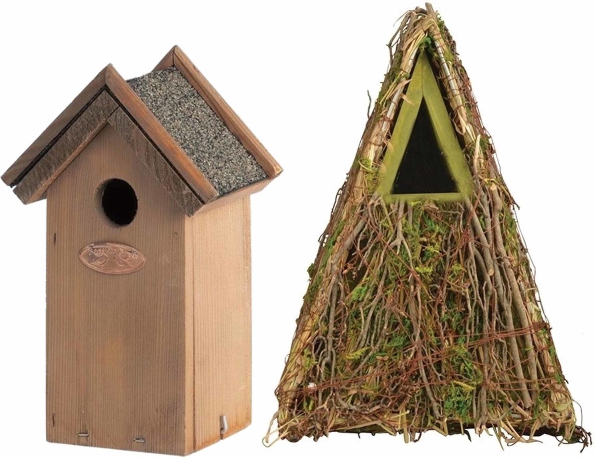 Voordeelset van 2x stuks houten vogelhuisjes/nestkastjes 24 x 17 cm/22 x 16 cm - Met puntdak in groen en houtkleur