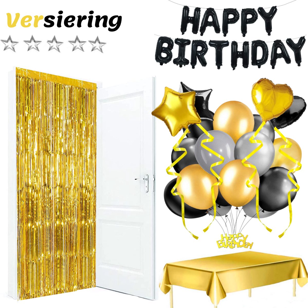 Feestio Ballonnen Verjaardag Versiering met Tafelkleed en Slingers - Helium - Zwart Goud — afbeelding 2