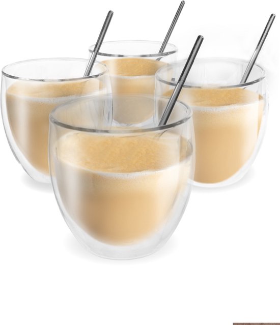 Verres à thé Trends Verres à thé à double paroi avec cuillère - Set de Verres à café - 250 ml - 4 pièces - Verres à Cappuccino - Verre à thé à double paroi