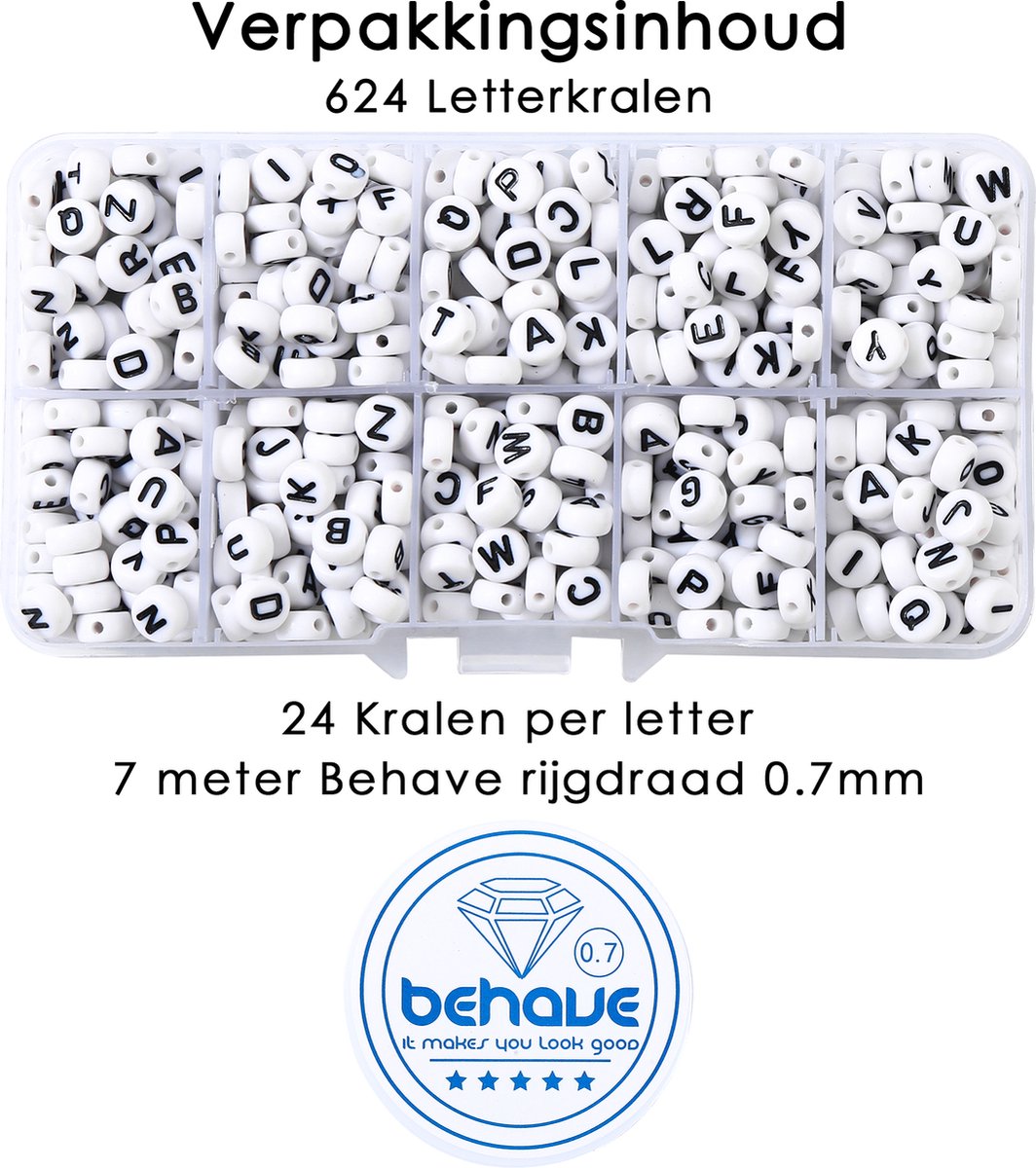 Behave Letterkralen Set - Wit met Zwarte Letters - Acryl - Kralen - Alfabet Kralen - 7mm - 624 Stuks — afbeelding 8