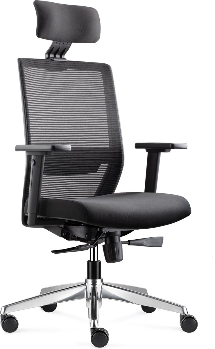 BenS 850H-Ergo-3 - NIEUW - Ergonomische Bureaustoel met alle instel opties - Met hoofdsteun - Gepolijst aluminium voetenkruis - Voldoet aan EN1335 & ARBO normen- Zwart