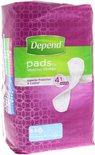 Roze verpakking 'Depend pads for sensitive bladder'. Toont een incontinentieverband, 4-in-1 technologie, 12 pads.
