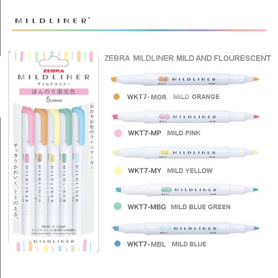 Zebra Mildliner Double Sided Highlighter Set van 5 Mild Pastel Colors + EXTRA een Zebra Two Sided Brushpen