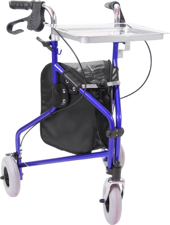 PREMIS -  DELTA DRIE-WIEL ROLLATOR MET TAS, FRAME/TRAY EN DIENBLAD - BLAUW