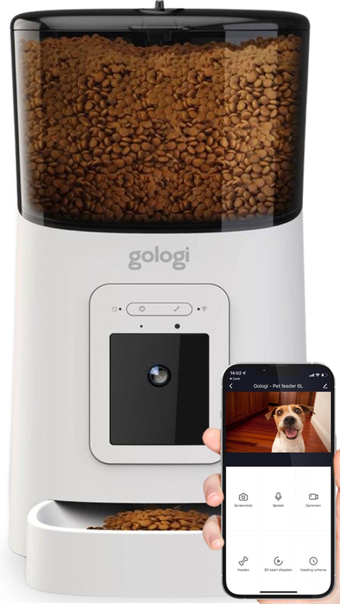 Gologi Automatische voerbak kat - Voerbak - Voerautomaat voor honden & katten - Voerdispenser - Met Full HD camera - Met app - Wit - Gologi