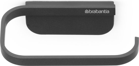 Porte-rouleau de papier toilette noir avec un support plat et le logo Brabantia.