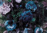 Fotobehang - Vlies Behang - Groene en Blauwe Pioenrozen - Bloemenkunst - 416 x 254 cm