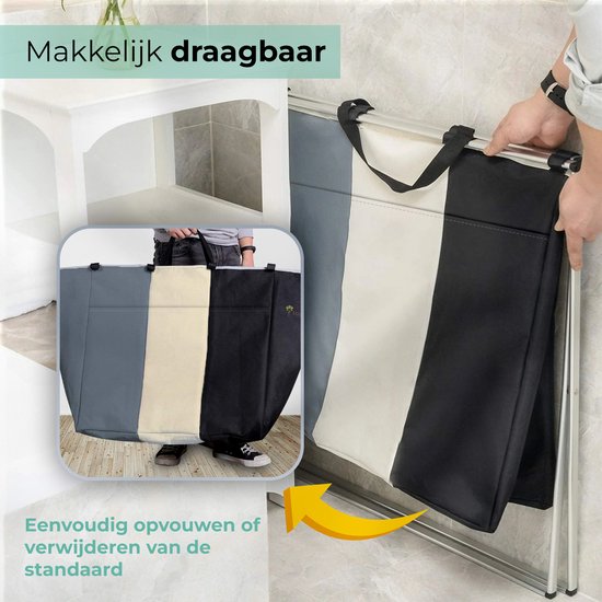 Wasmand 3 Vakken – Wassorteerder 118 L – Opvouwbaar – Aluminium Frame – Zwart/Grijs/Wit