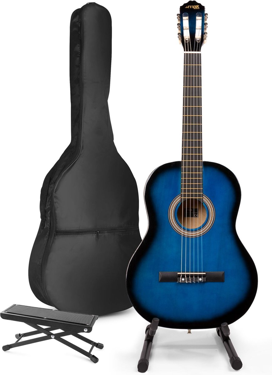 Akoestische gitaar voor beginners - MAX SoloArt klassieke gitaar / Spaanse gitaar met o.a. 39'' gitaar, gitaar standaard, voetsteun, gitaartas, gitaar stemapparaat en extra accessoires - Blauw
