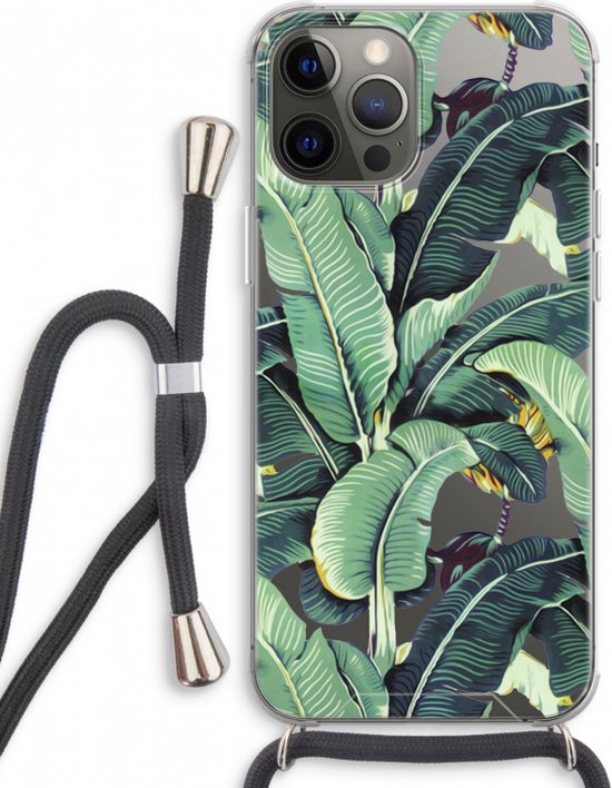 Case Company® - Coque pour iPhone 12 Pro Max avec cordon - Feuilles de bananier - Coque de téléphone avec cordon Zwart - Protection Extra sur tous les côtés et sur le bord de l'écran