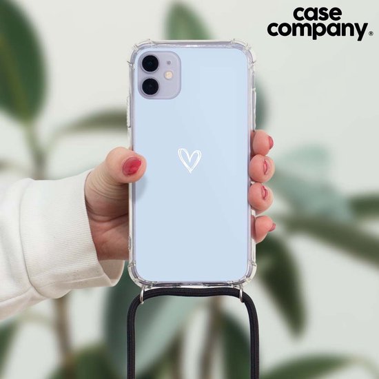 Lichtblauw telefoonhoesje met een klein wit hartje en zwart koord.