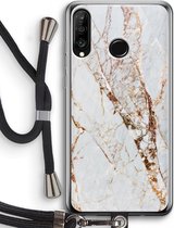 Case Company® - Hoesje met koord geschikt voor Huawei P30 Lite hoesje met Koord - Goud marmer - Telefoonhoesje met Zwart Koord - Bescherming aan alle Kanten en Over de Schermrand