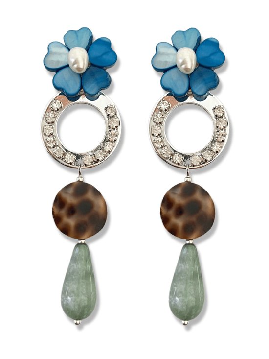 Zatthu Jewelry - N22SS487 - Ivis blauw groene statement oorbellen met bloem