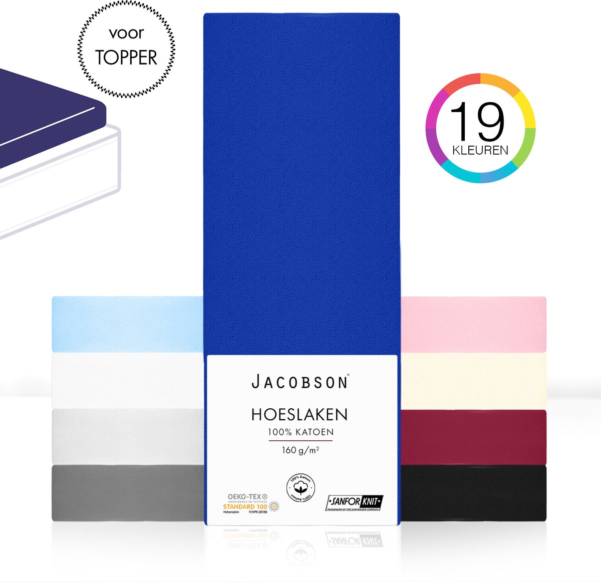 Jacobson - Hoeslaken Topper – 100% Jersey Katoen – 180x200 cm – Koningsblauw