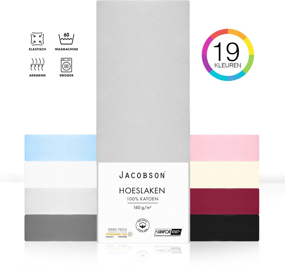 Jacobson - Hoeslaken Topper – 100% Jersey Katoen – 180x200 cm – Grijs
