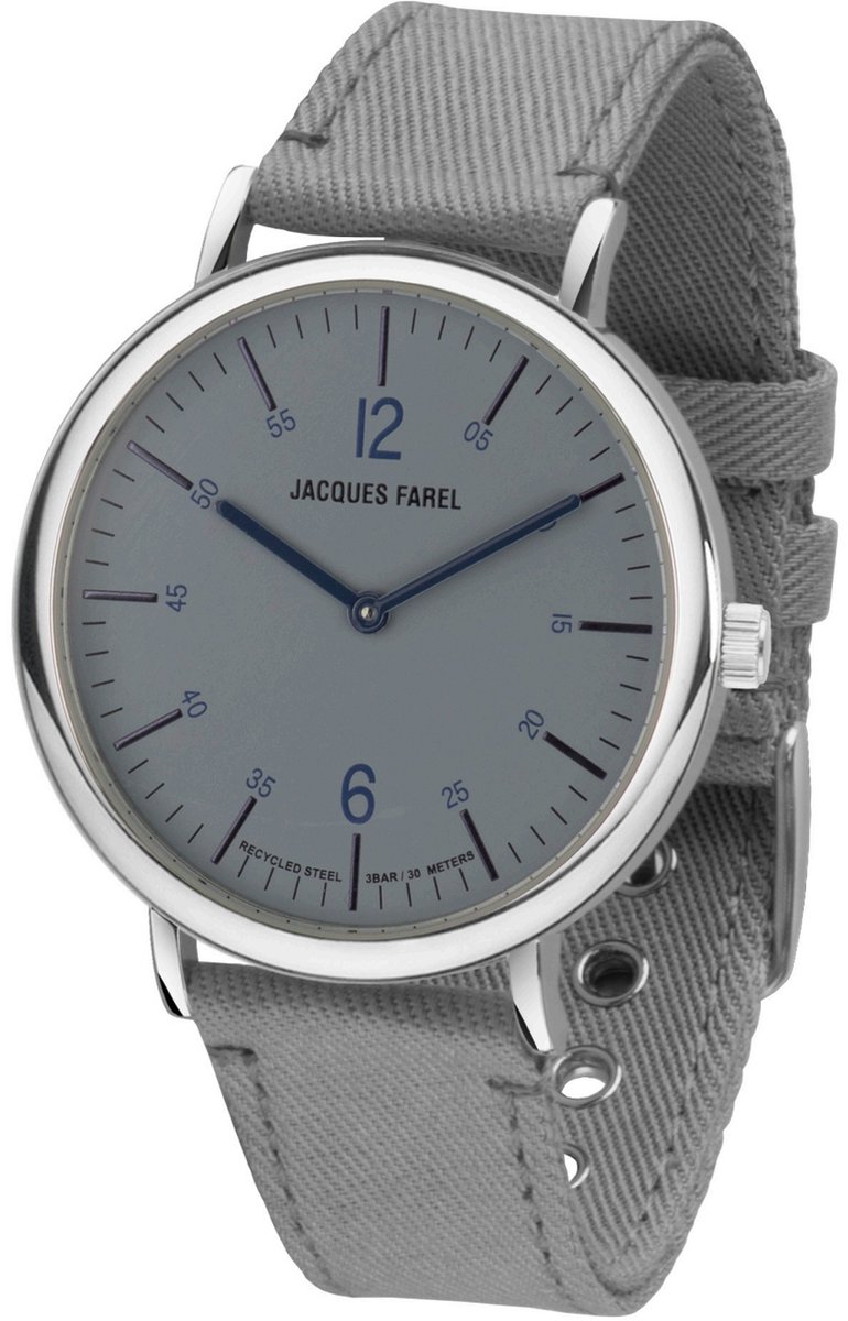 JACQUES FAREL hayfield - Horloge Duurzaam - Vegan Horloge - Analoog - Grijs - Unisex - Gerecycled Staal - Verstelbaar bandje 16-21 cm - 3 Bar - ORS 6644