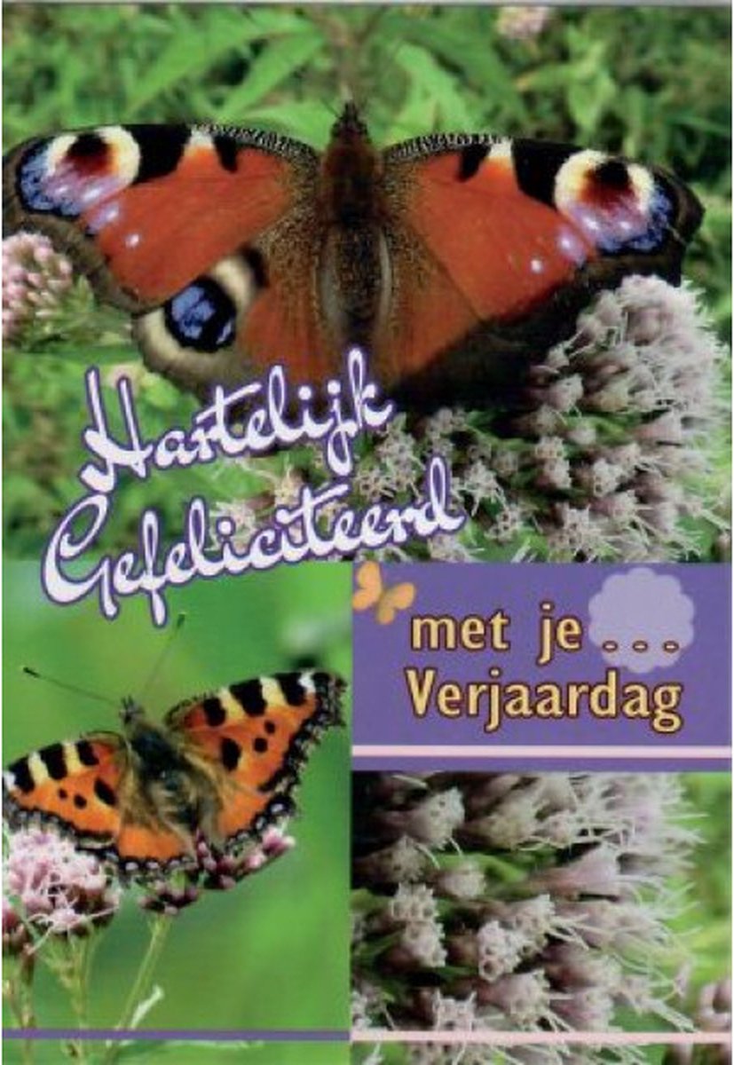 Van harte gefeliciteerd met je … verjaardag! Vul op de puntjes zelf het getal in. Een prachtige kaart met een kleurrijke vlinder. Een leuke kaart op zo te geven of om bij een cadeau te doen. Een dubbele wenskaart inclusief envelop en in folie verpakt
