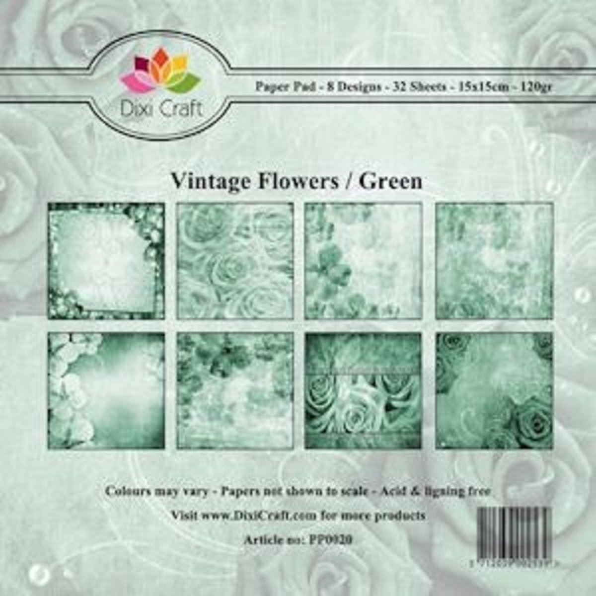 Dixi Craft - Paperpack - 152 x 152mm - Vintage Flowers: Green - PP0020