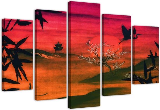 Trend24 - Canvas Schilderij - Japan Badend In Sunshine - Vijfluik - Landschappen - 150x100x2 cm - Roze