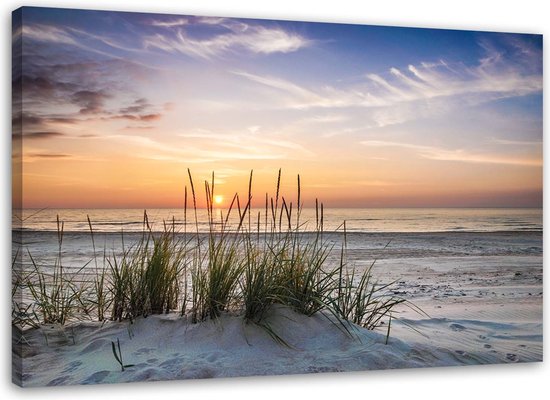 Trend24 - Canvas Schilderij - Zonsondergang Op Het Strand - Schilderijen - Landschappen - 100x70x2 cm - Paars