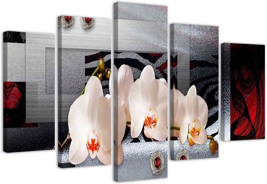 Trend24 - Canvas Schilderij - Witte Orchideeën - Vijfluik - Bloemen - 100x70x2 cm - Rood