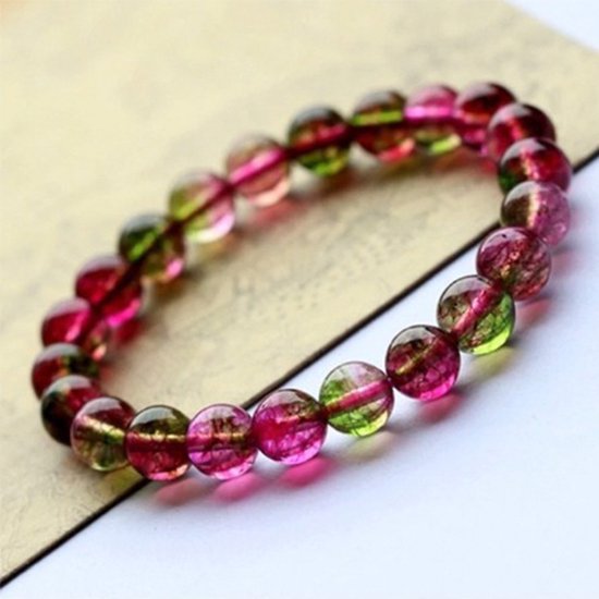 Bixorp Gems Bracelet en pierres précieuses de tourmaline melon d'eau rose et verte - Bracelets de perles polies - Minéraux - Fabriqué naturellement - 18 cm