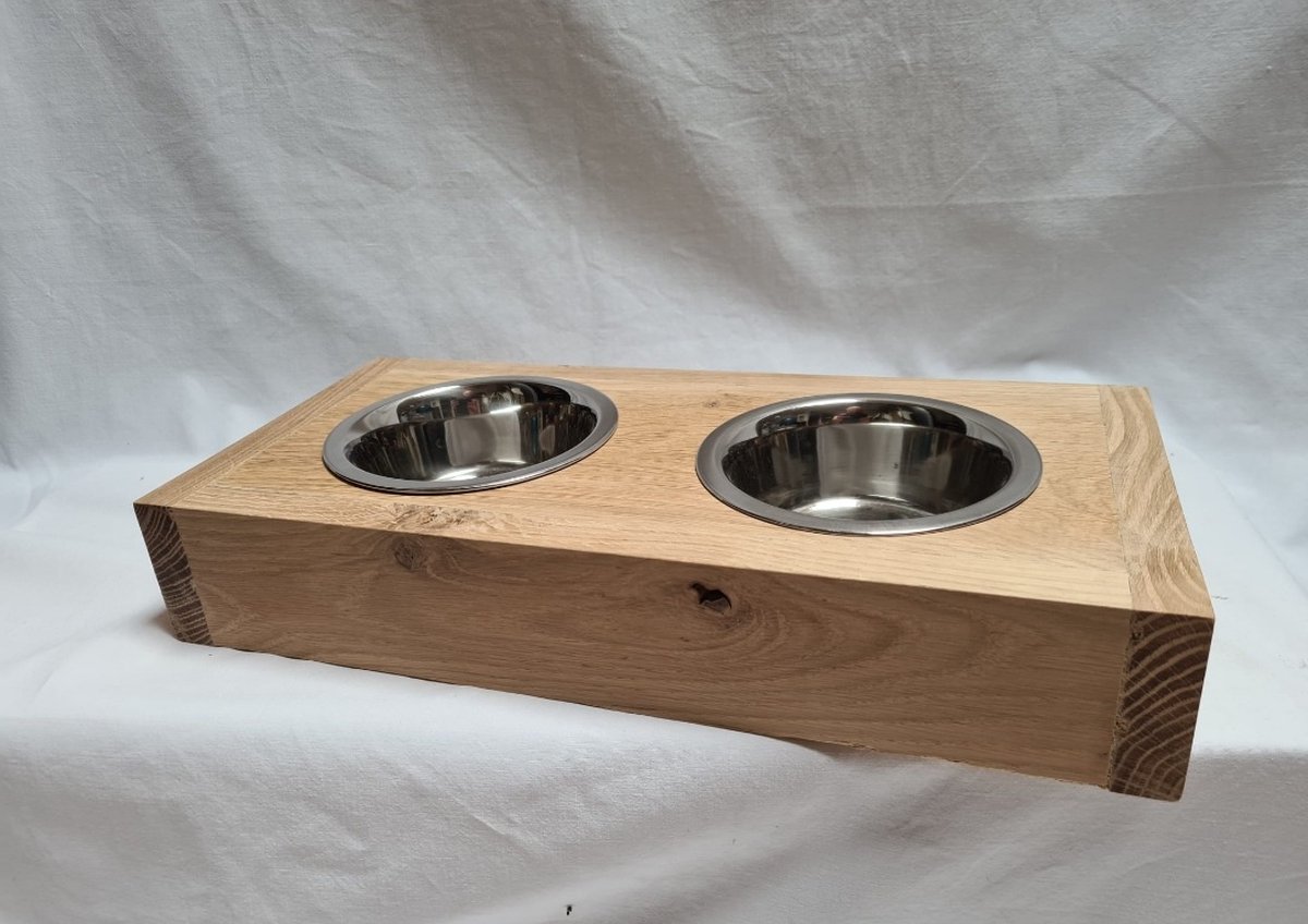 Voerbak hond - Houten voerbak - Dieren voerbak - Drinkbak- Drinkbak hond - Voerbak kat - Voer hond - Voerbak poes – Massief eiken- 38*18.5*7 cm