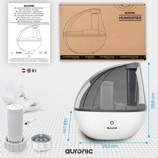 Auronic Luchtbevochtiger - 1,5 Liter - 40m2 - Geschikt voor Woonkamer, Kantoor, Slaapkamer, Babykamer en Meer - Stil - BPA-Vrij - Met Waterfilter - Wit