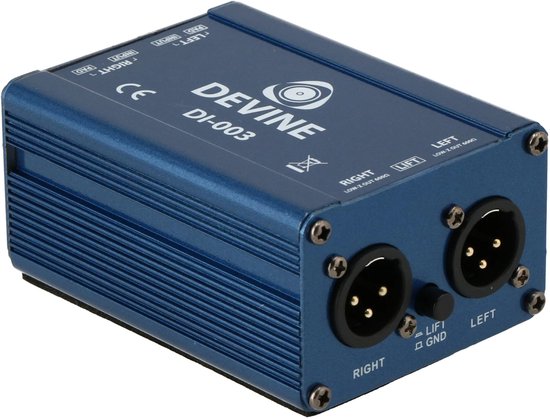 Blauwe Devine DI-003 DI box met linker en rechter input- en low-z output-aansluitingen, pad en lift schakelaars.