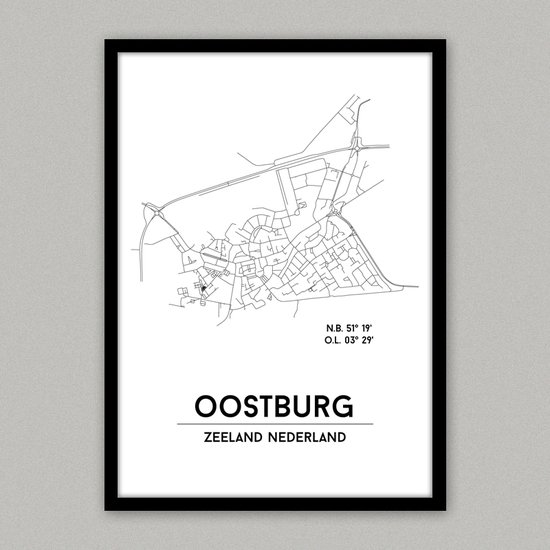 Oostburg city poster, A3 (30x40 cm) met lijst, plattegrond poster, woonplaatsposter, woonposter