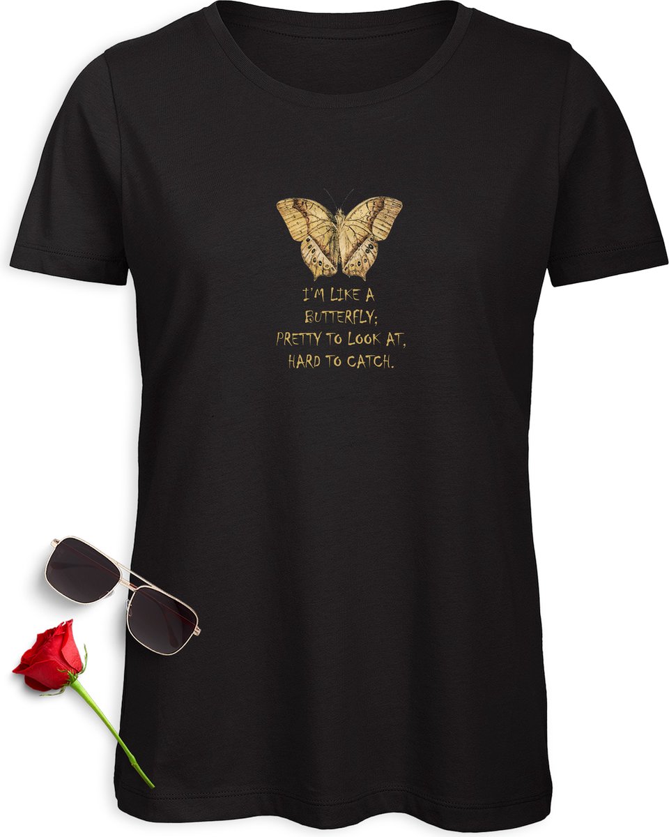 B & C - T Shirt Dames - Vlinder en Tekst - Zwart - Maat S