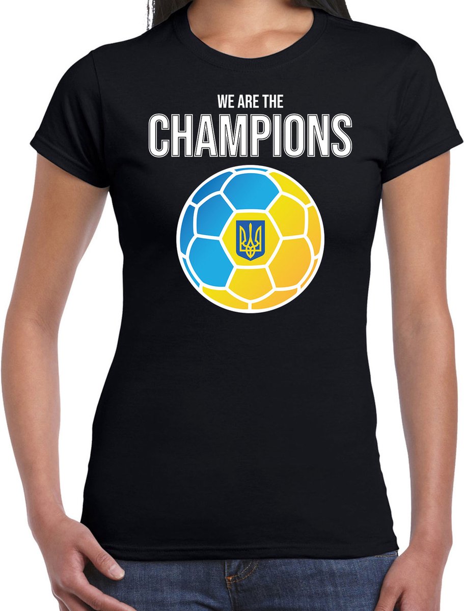 Oekraine EK/ WK supporter t-shirt - we are the champions met Oekrainse voetbal - zwart - dames - kleding / shirt XXL