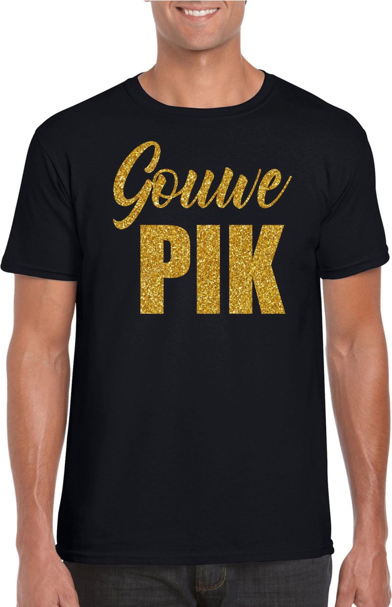 Gouwe pik fun tekst t-shirt / kleding met gouden glitters op zwart voor heren - foute fun tekst shirt / festival outfit L op Prijzenvolger.com