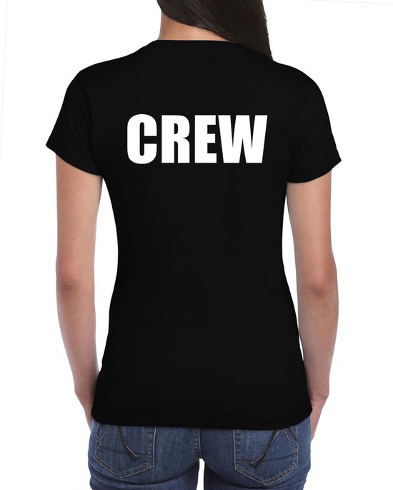 Foto: Crew t shirt zwart voor dames voor personeel medewerkers bedrukking aan voor en achterkant personeel shirt m