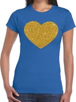 Gouden hart glitter t-shirt blauw dames - dames shirt Gouden hart XXL
