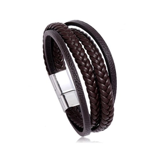 Lederen Armband | Bruin / Zilver | RVS sluiting | 20,5 cm | Fashion Favorite