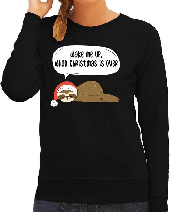 Luiaard Kerstsweater / kersttrui Wake me up when christmas is over zwart voor dames - Kerstkleding / Christmas outfit XXL