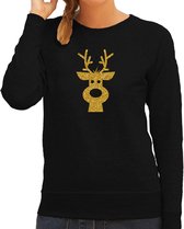Rendier hoofd Kerst trui - zwart met gouden glitter bedrukking - dames - Kerst sweaters / Kerst outfit S