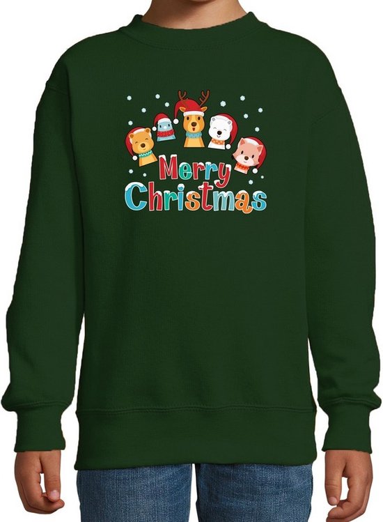 Foute kersttrui / sweater dierenvriendjes Merry christmas groen voor  kinderen -... | bol.com
