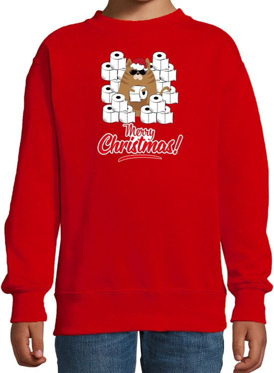 Foute Kerstsweater / Kerst trui met hamsterende kat Merry Christmas rood voor kinderen- Kerstkleding / Christmas outfit 152/164