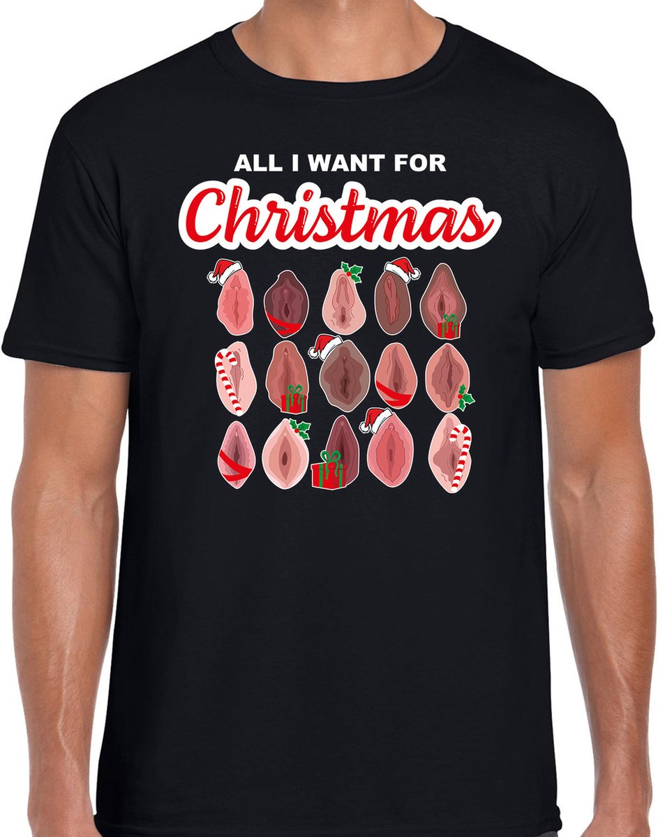 Afbeelding van product Bellatio Decorations  All I want for Christmas pussy / vaginas fout Kerst t-shirt - zwart - heren - Kerst t-shirt / Kerst outfit L  - maat L